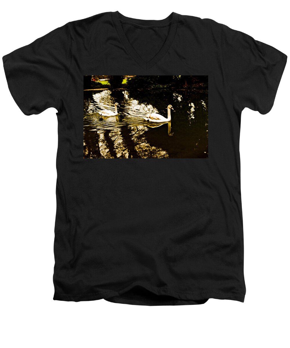 England Men's V-Neck T-Shirt featuring the photograph Swans on river Wey by Patrick Kain