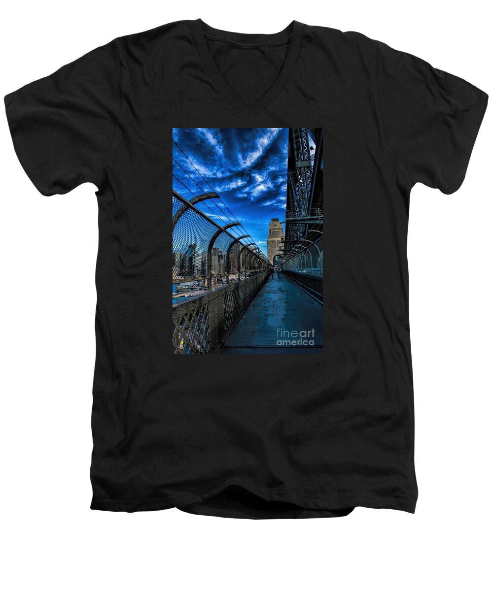Cityscape Men's V-Neck T-Shirt featuring the photograph Sydney Harbour Bridge Walkway by Diana Mary Sharpton