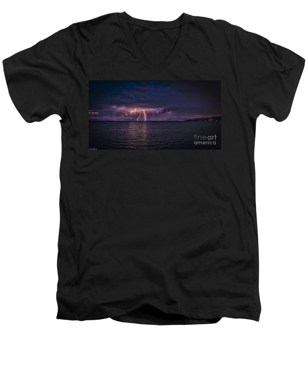 Tahoe Lightning Men's V-Neck T-Shirt featuring the photograph Tahoe Lightning by Mitch Shindelbower