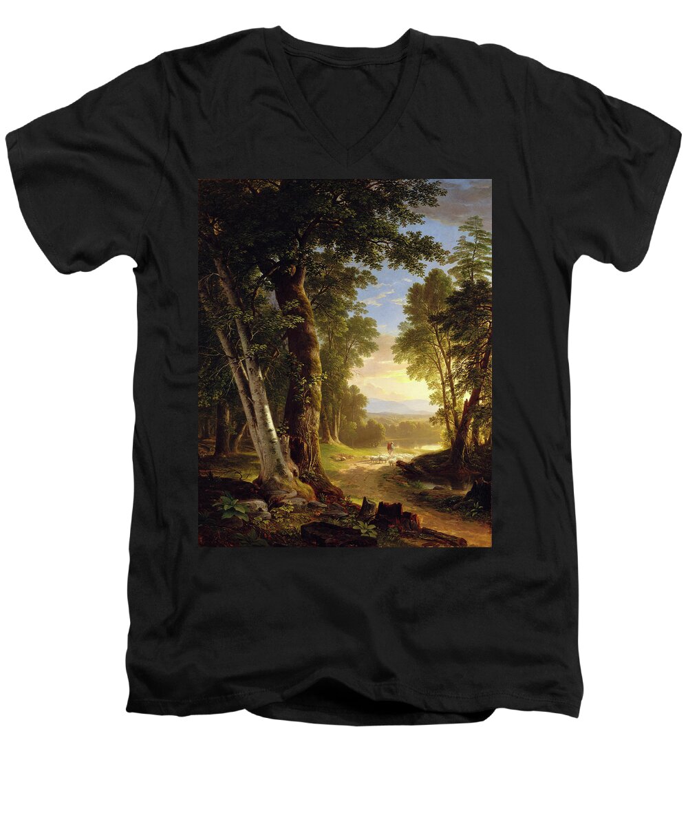 Asher Brown Durand Men's V-Neck T-Shirt featuring the painting The Beeches by Asher Brown Durand by Asher Brown Durand