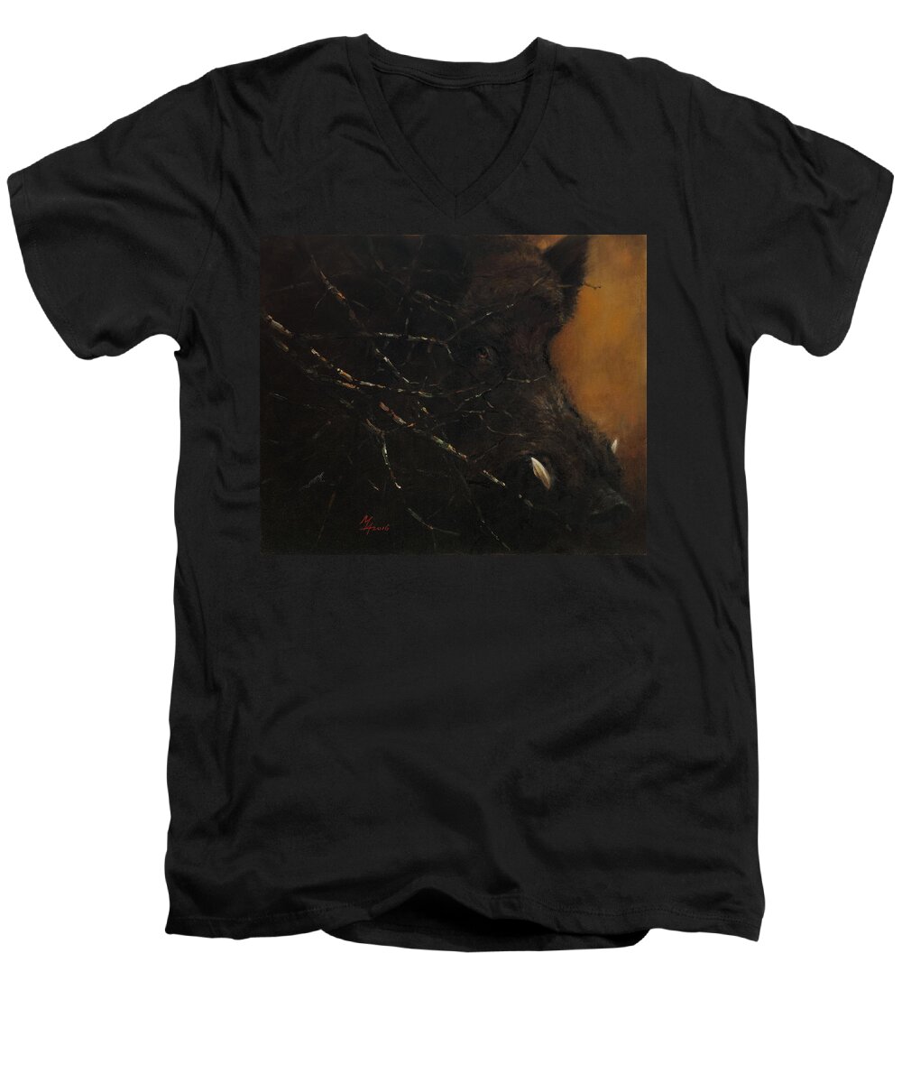 Boar Men's V-Neck T-Shirt featuring the painting The Black Wildboar by Attila Meszlenyi