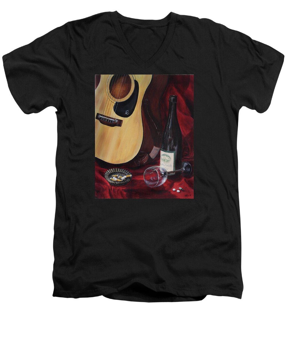 Guitar Men's V-Neck T-Shirt featuring the painting The Dark Times by Kim Lockman