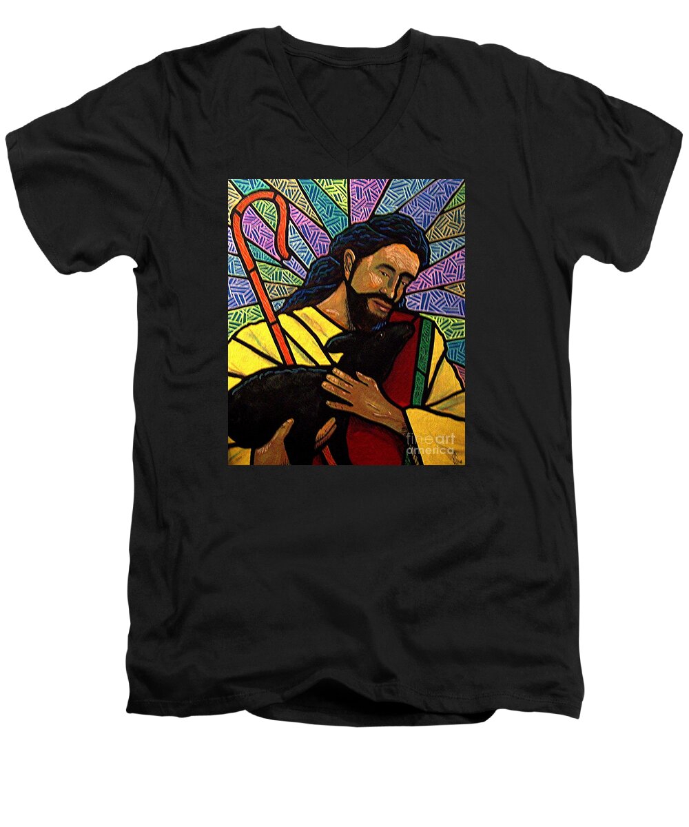 Jesus Men's V-Neck T-Shirt featuring the painting The Good Shepherd - practice painting one by Jim Harris