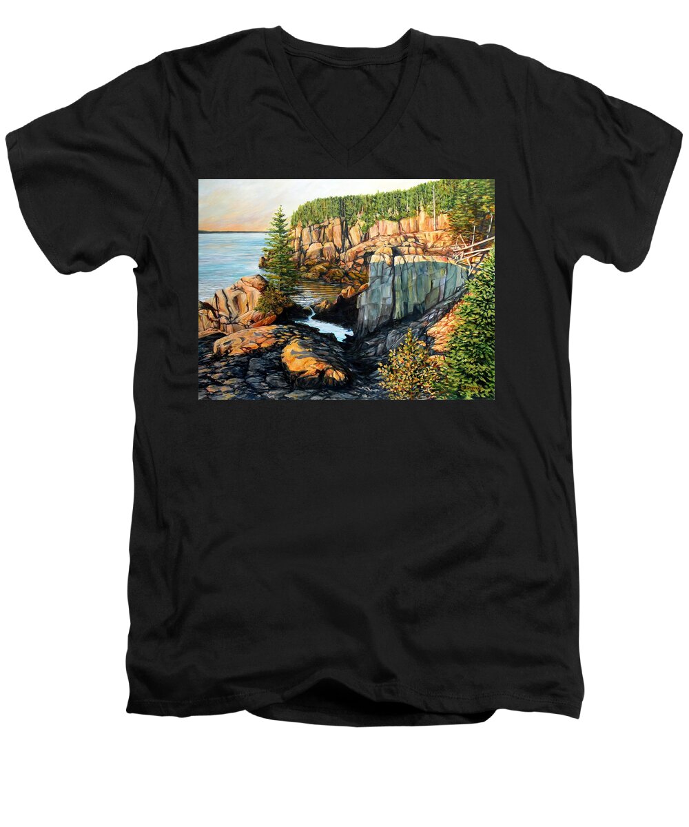 Maine Men's V-Neck T-Shirt featuring the painting The Light Dawns on West Quoddy Head by Eileen Patten Oliver