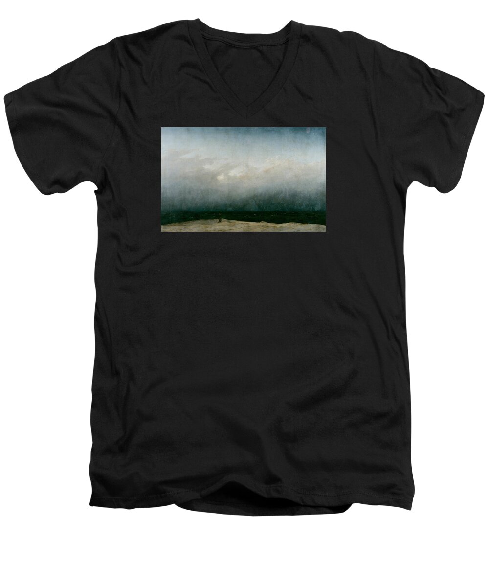 Caspar David Friedrich Men's V-Neck T-Shirt featuring the painting Monk By The Sea by Caspar David Friedrich