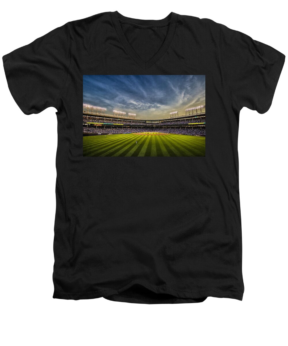 Chicago Cubs Men's V-Neck T-Shirt featuring the photograph The New Wrigley Field With Pretty Sunset Sky by Sven Brogren