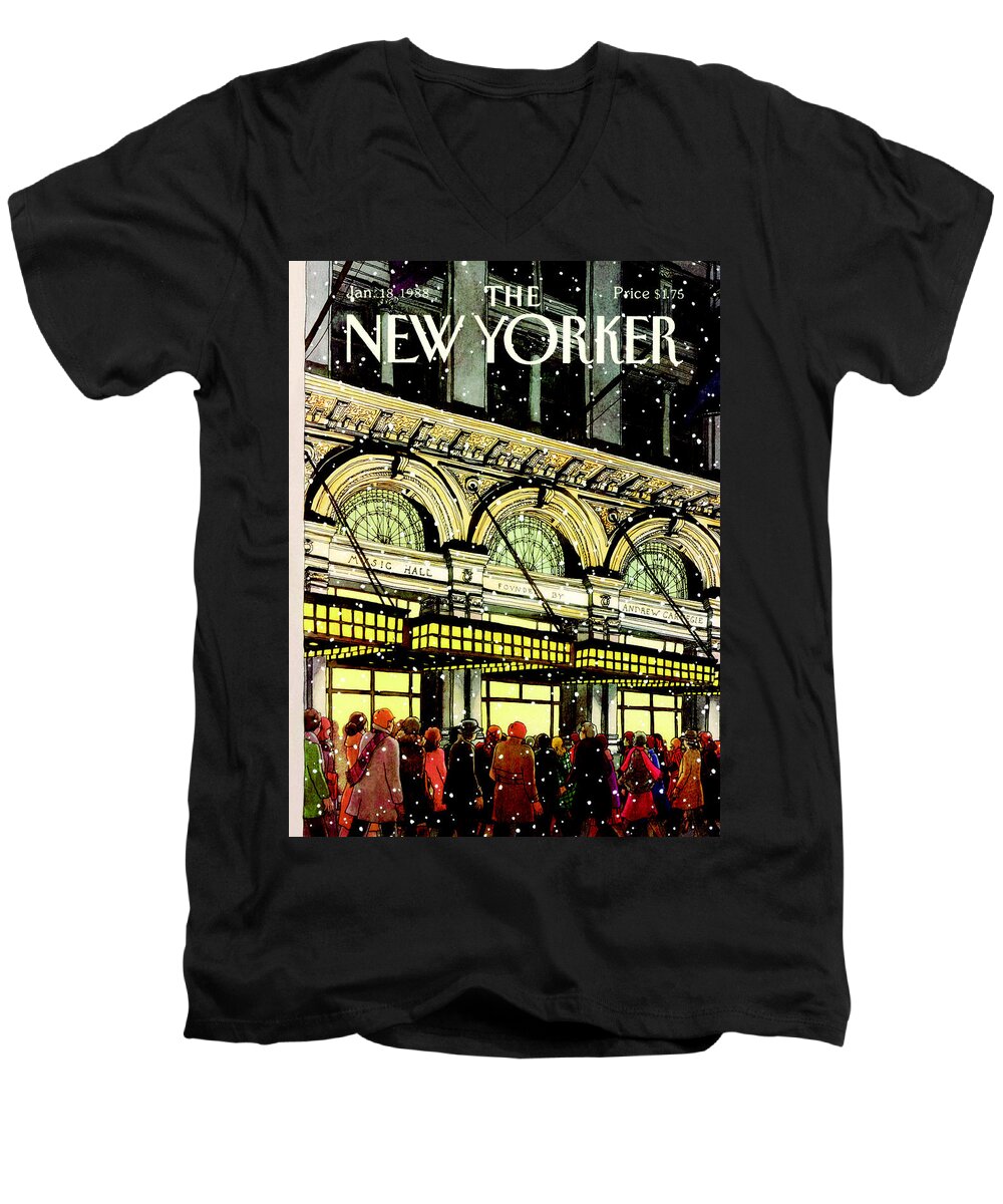 Urban Men's V-Neck T-Shirt featuring the painting The New Yorker Cover - January 18th, 1988 by Roxie Munro
