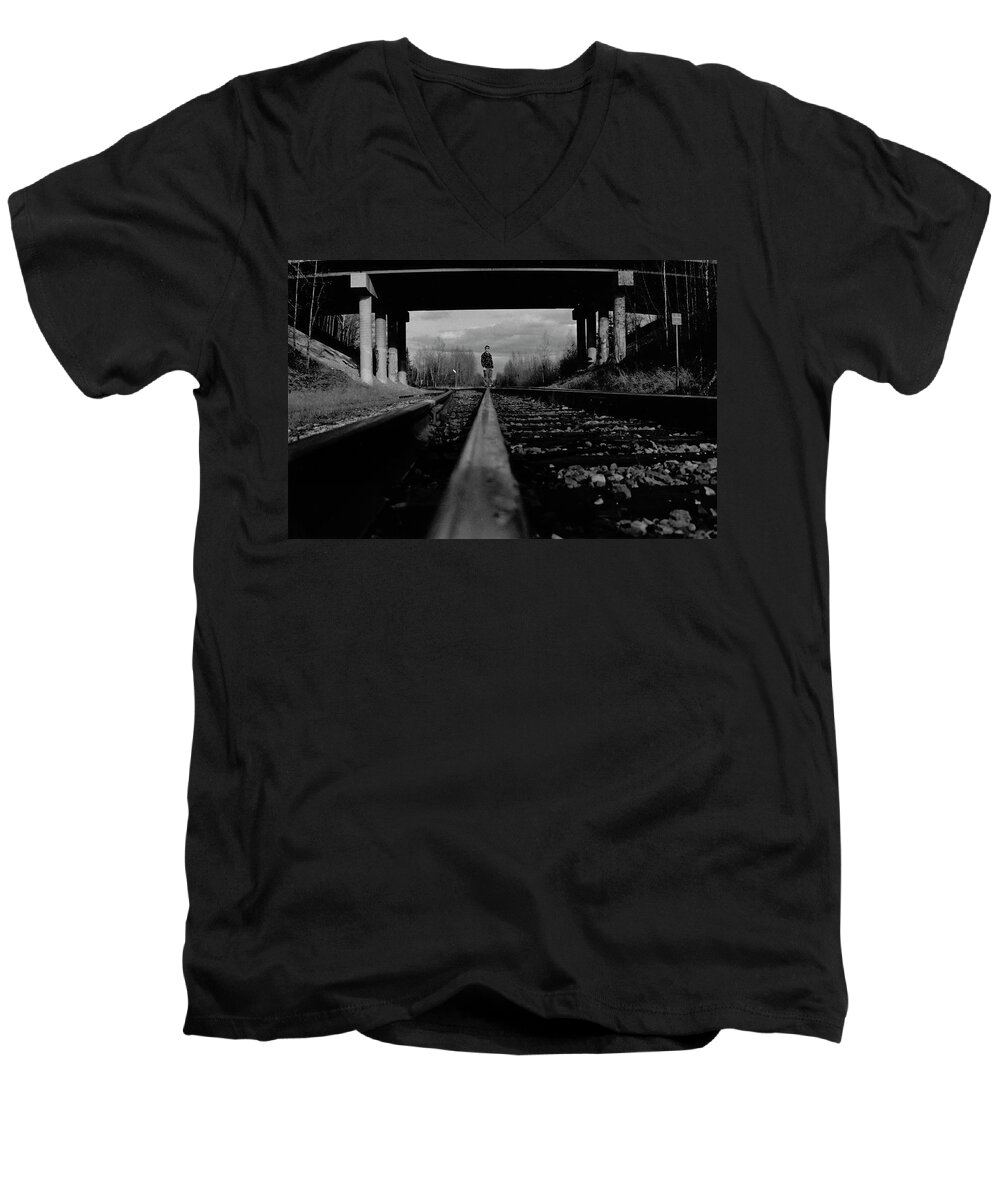 Train Men's V-Neck T-Shirt featuring the photograph The Rail by Tara Lynn
