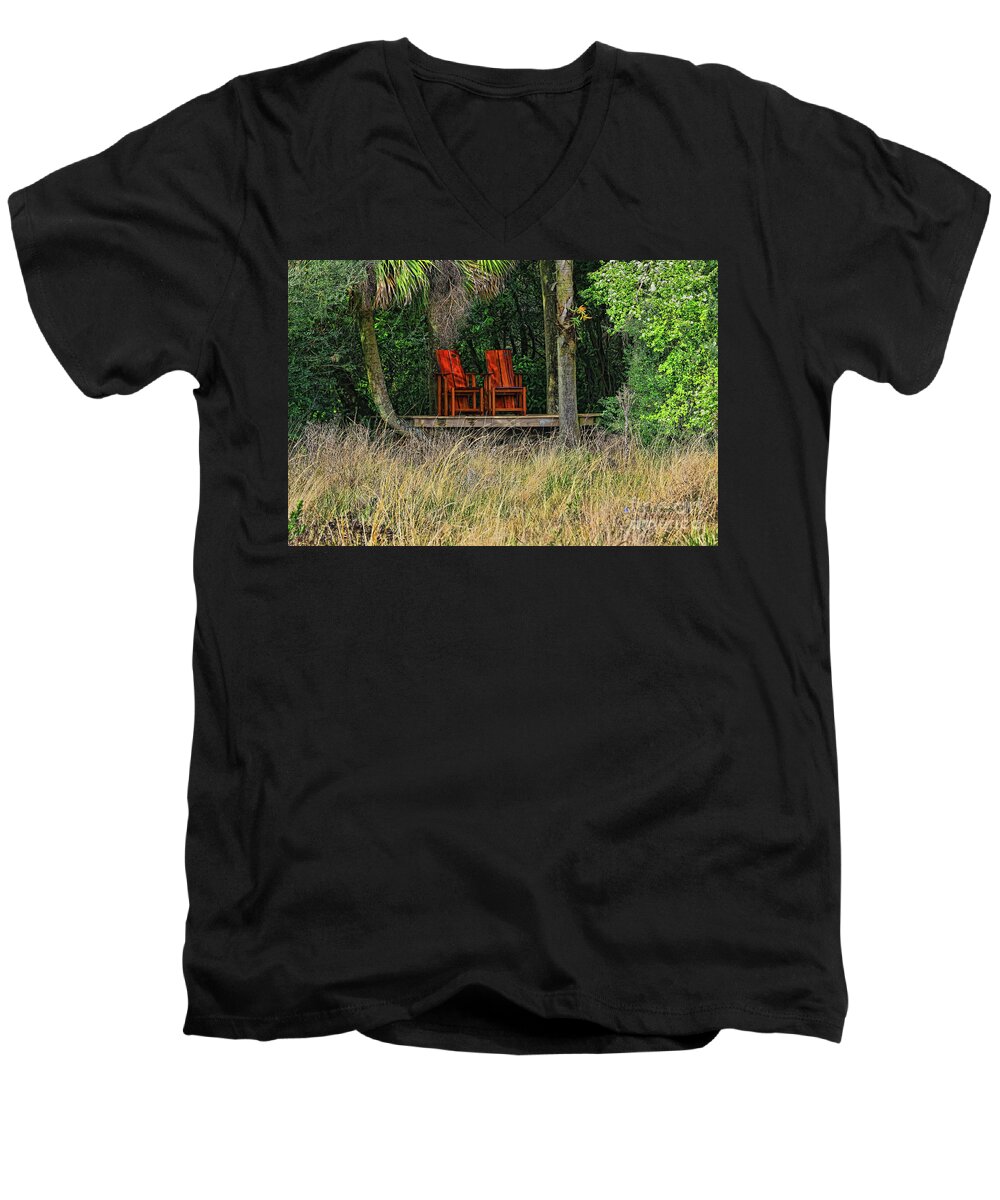 Red Men's V-Neck T-Shirt featuring the photograph The Red Chairs by Deborah Benoit