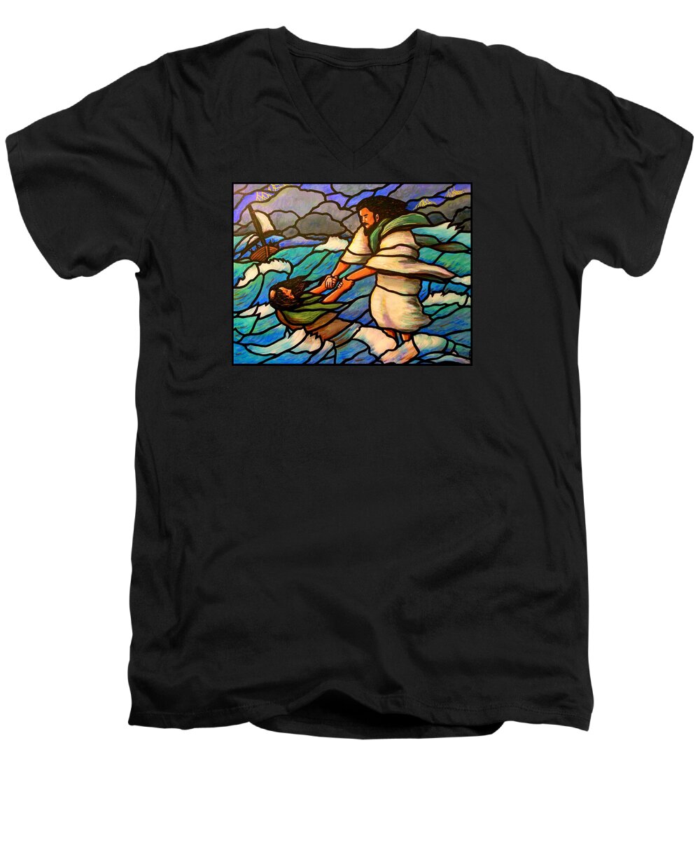 Jesus Men's V-Neck T-Shirt featuring the painting The Rescue by Jim Harris