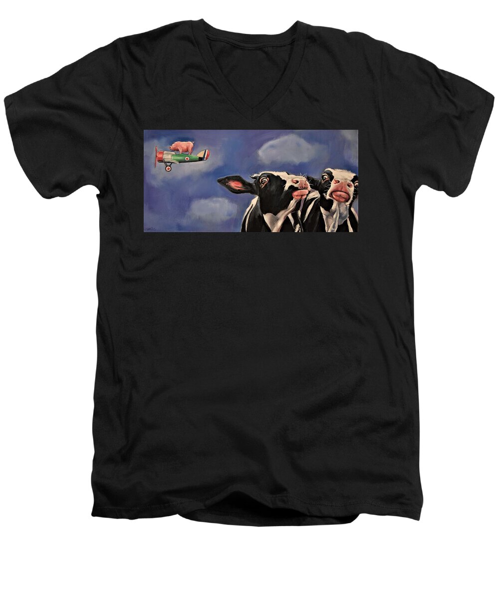 Cows Men's V-Neck T-Shirt featuring the painting The Second Great Escape by Jean Cormier
