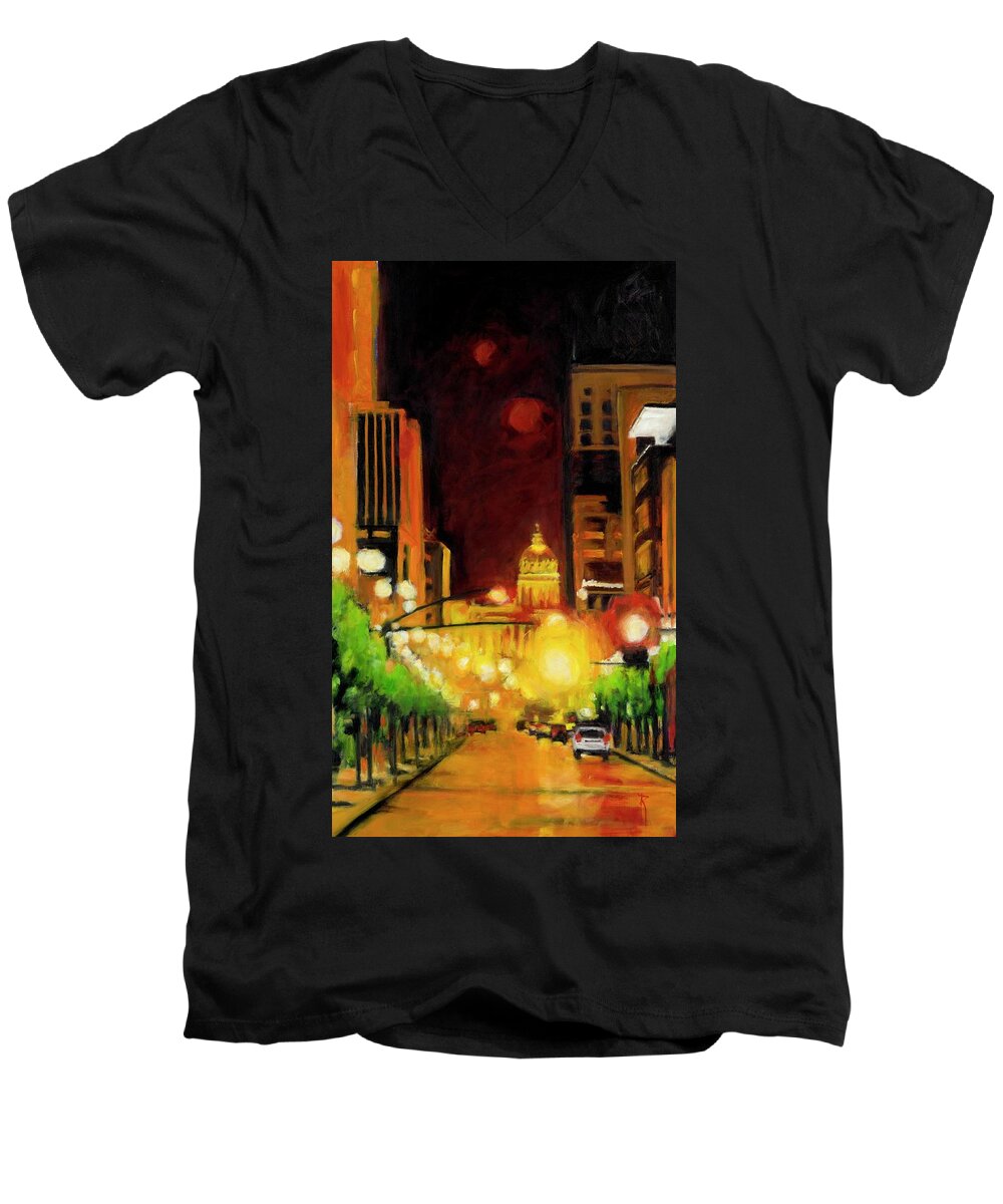 Rob Reeves Men's V-Neck T-Shirt featuring the painting The Streets Run with Crimson and Gold by Robert Reeves