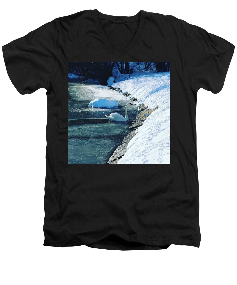 Swan Snow Winter Blue Sky Trees Rocks Wildlife Outdoors Nature Landscape View Stonework Oslo Norway Scandinavia Europe Outdoors Tree Plants Ice Men's V-Neck T-Shirt featuring the digital art The Swan by the Waterfront by Jeanette Rode Dybdahl