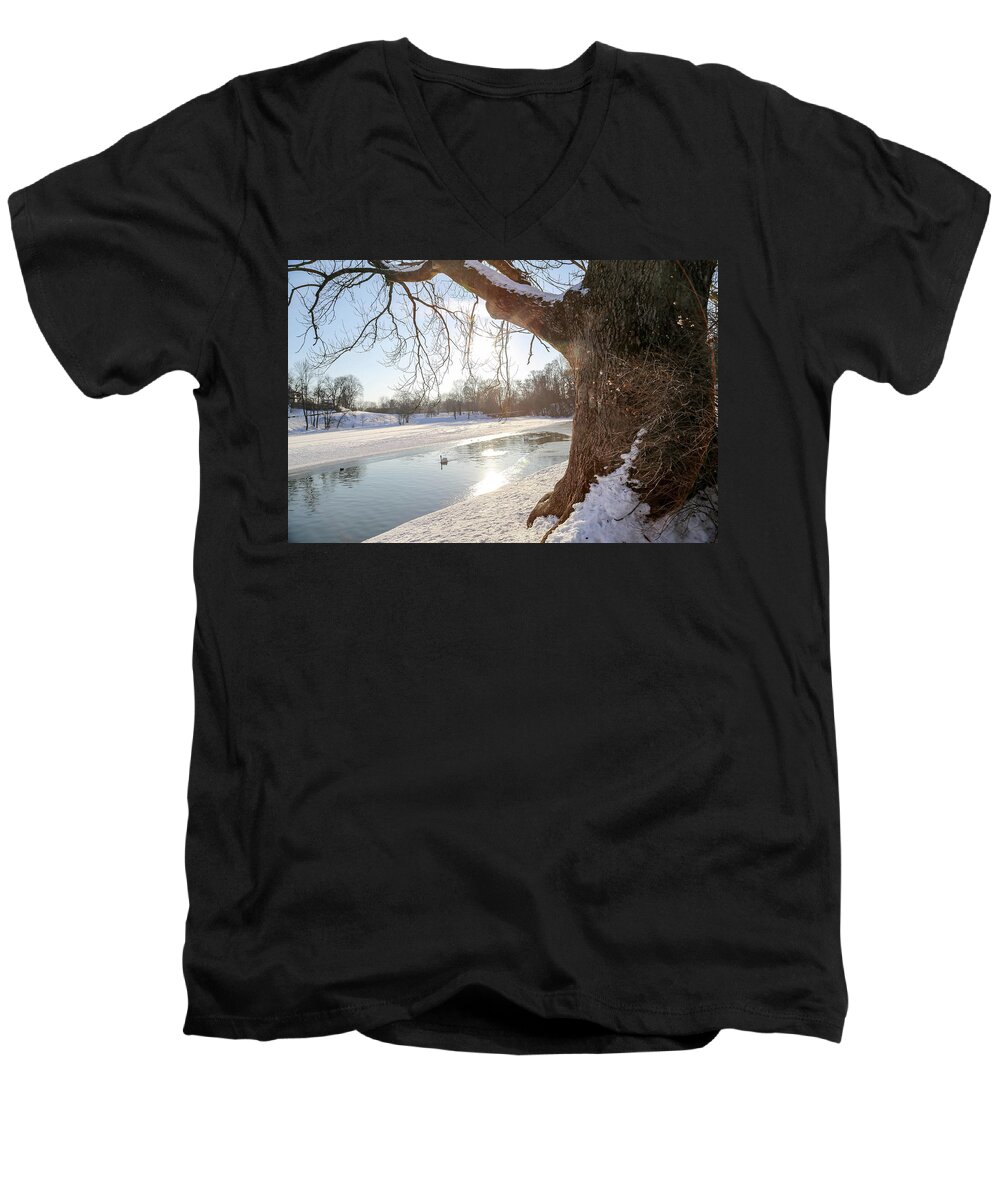 Swan Pond Big Tree Trees View Outdoors Panorama Reflection Sun Sunny Waterfront Water Bird Birds Wildlife Nature Landscape Photo Photography Clouds Oslo Norway Scandinavia Europe Outdoors Sky White Snow Winter Ice Men's V-Neck T-Shirt featuring the digital art The Three By the Swan by Jeanette Rode Dybdahl