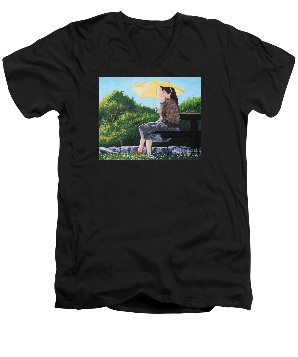 Park Scenes Men's V-Neck T-Shirt featuring the painting The Yellow Umbrella by Reb Frost