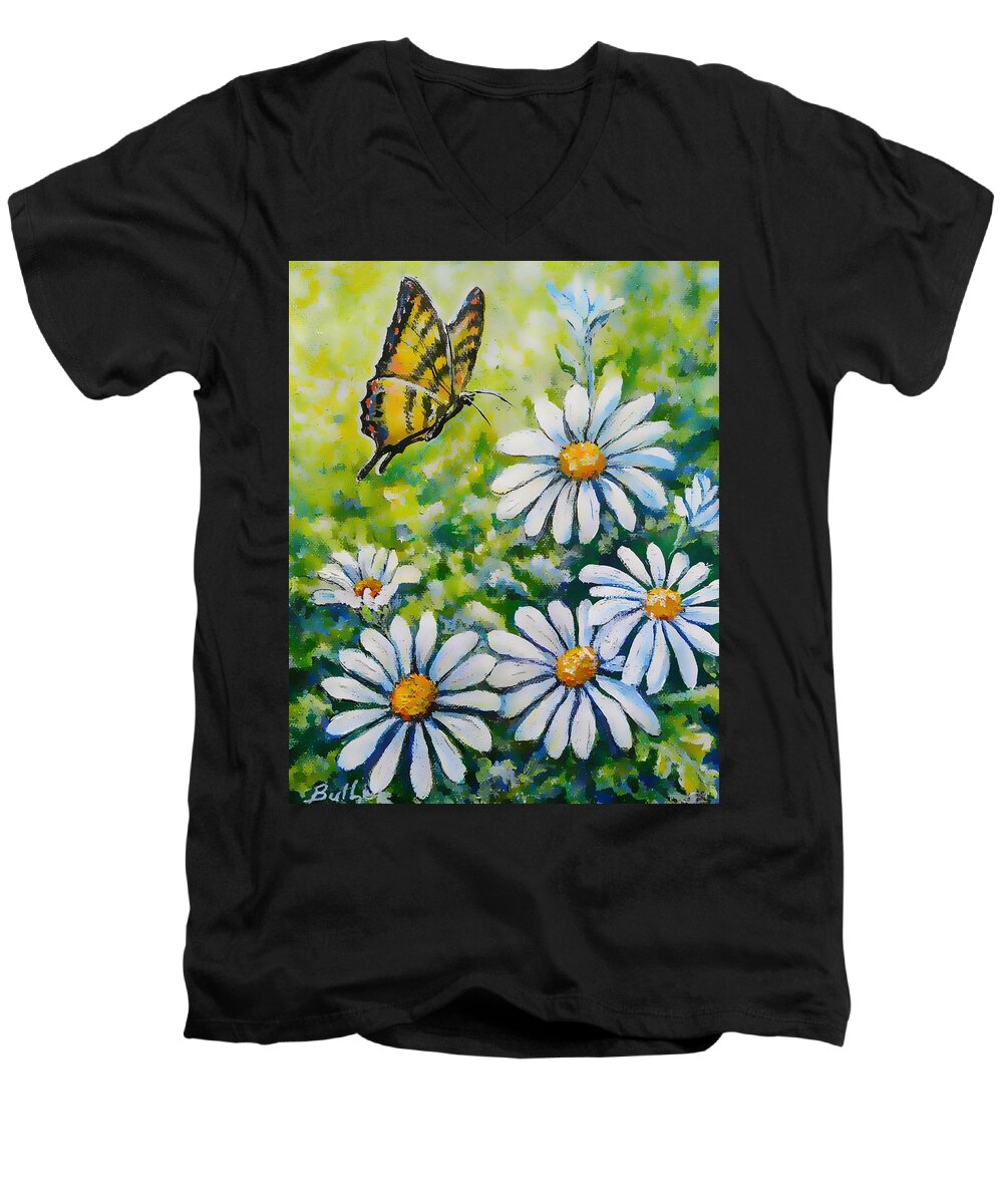 Butterfly Daisy Flower Men's V-Neck T-Shirt featuring the painting Tiger and Daisies by Gail Butler