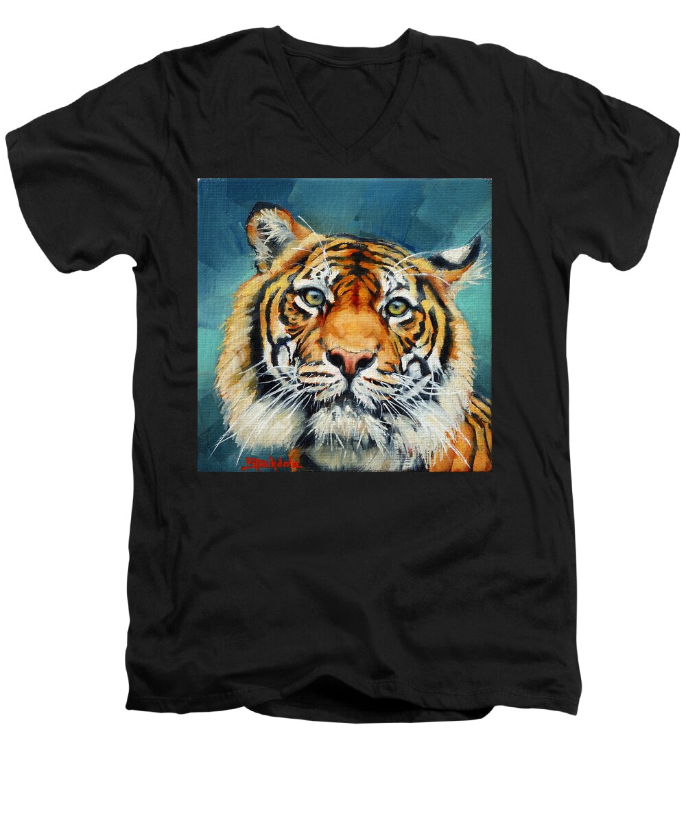 Tiger Men's V-Neck T-Shirt featuring the painting Tiger Stare Mini Painting by Margaret Stockdale