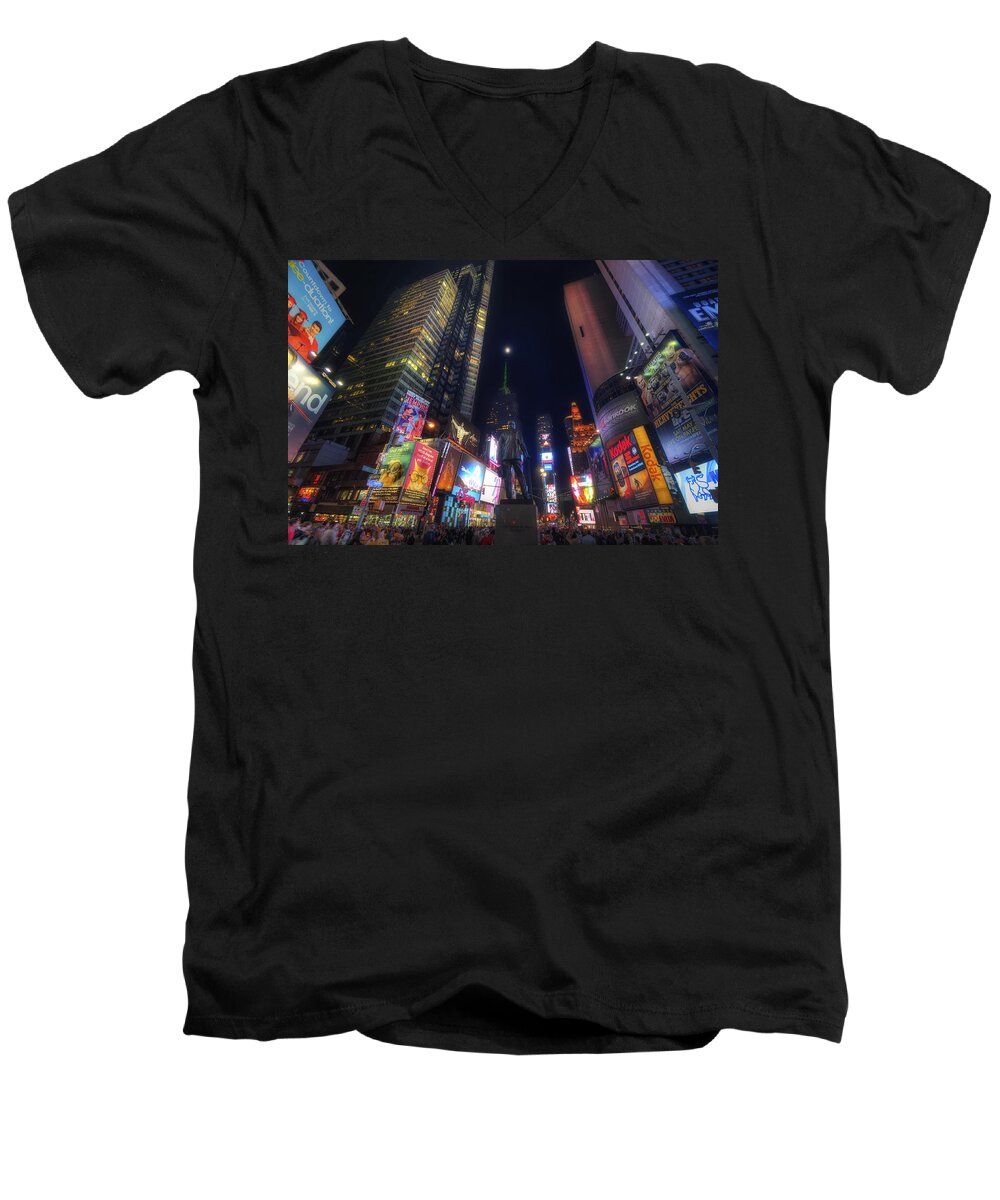 Art Men's V-Neck T-Shirt featuring the photograph Times Square Moonlight by Yhun Suarez