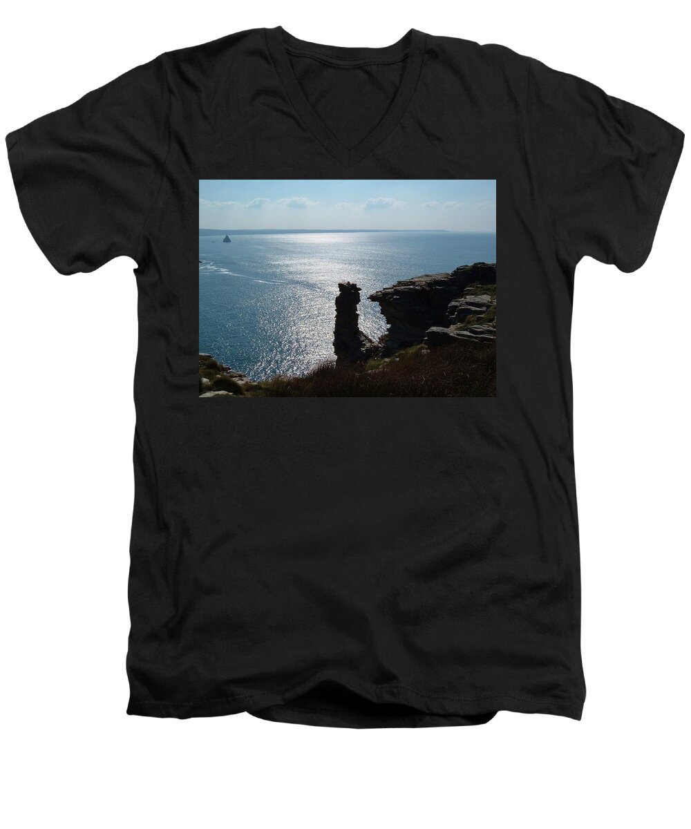 Tintagel Men's V-Neck T-Shirt featuring the photograph Rock Stack Tintagel Cornwall by Richard Brookes
