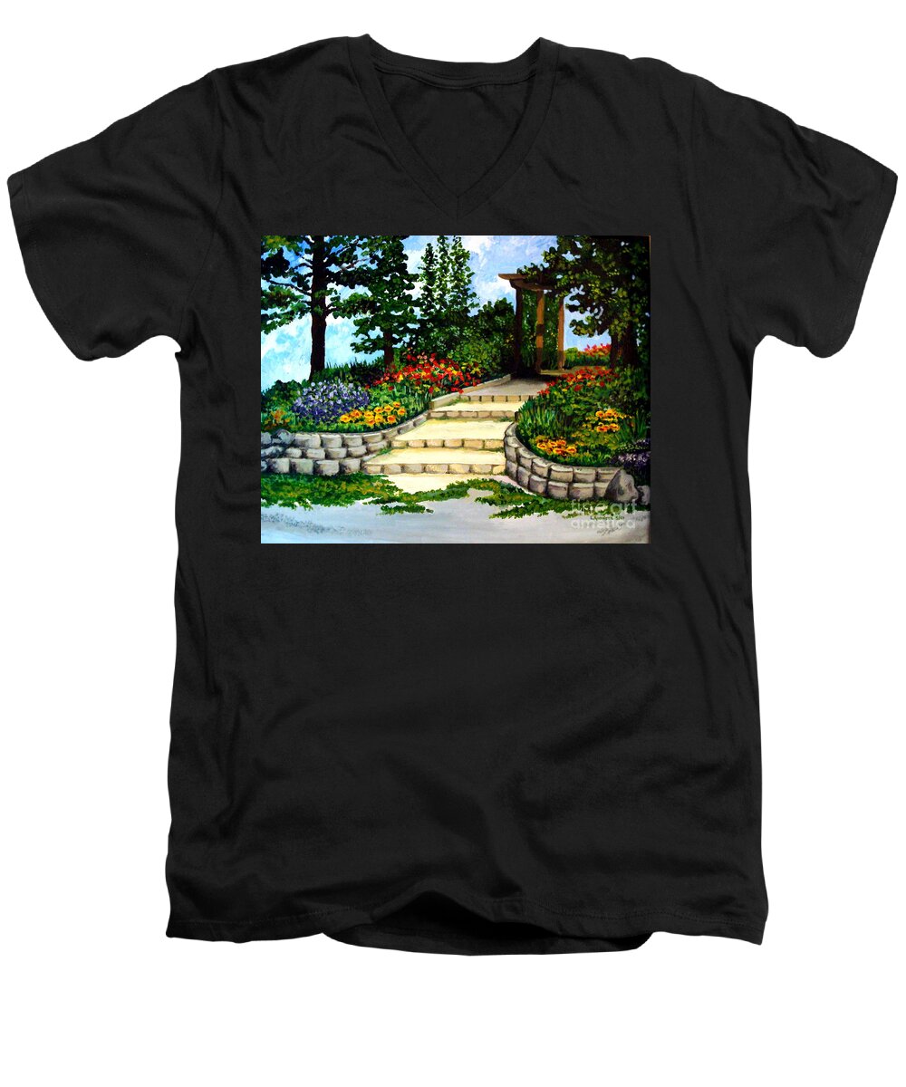 Landscape Men's V-Neck T-Shirt featuring the painting Trellace Gardens by Elizabeth Robinette Tyndall