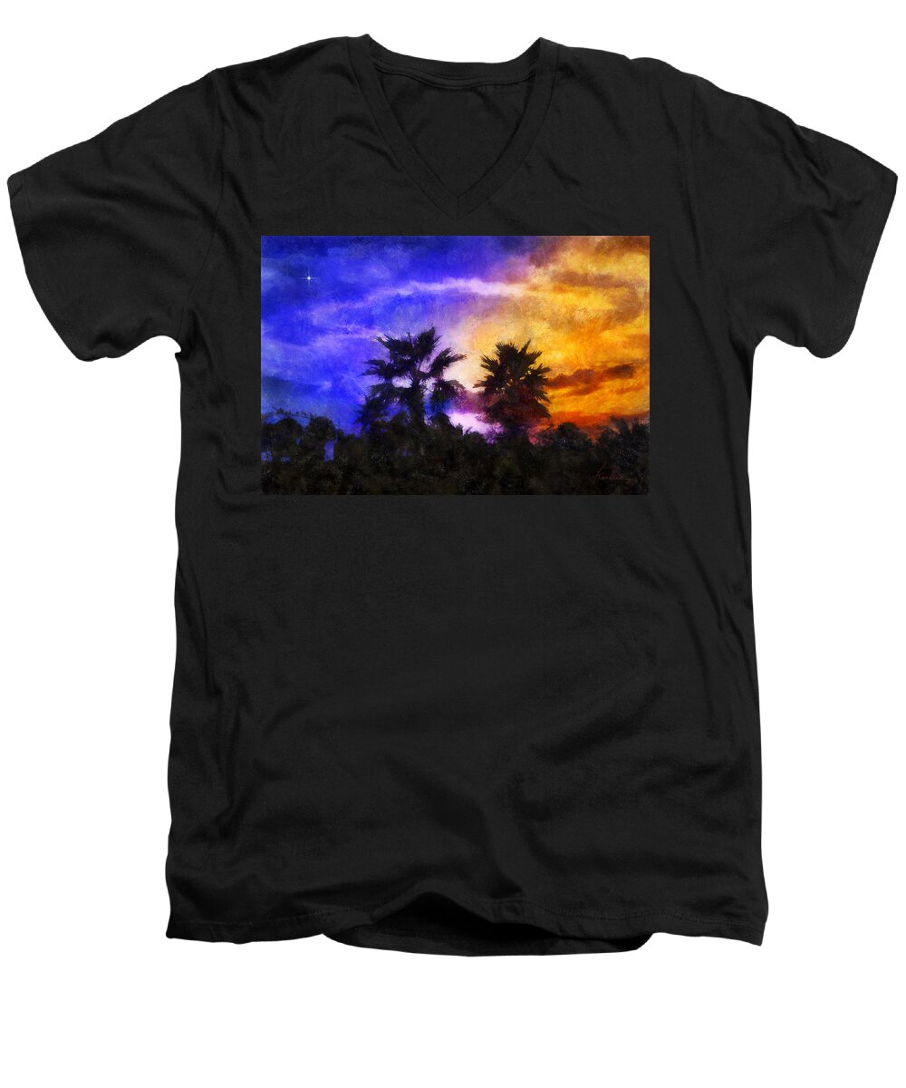 Tropic Tropical Landscape Night Sunset Twilight Evening Trees Palms Silhouette Sky Palms Clouds Trees Men's V-Neck T-Shirt featuring the digital art Tropical Night Fall by Frances Miller