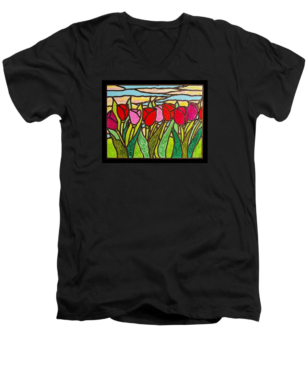 Tulips Men's V-Neck T-Shirt featuring the painting Tulips at Sunrise by Jim Harris