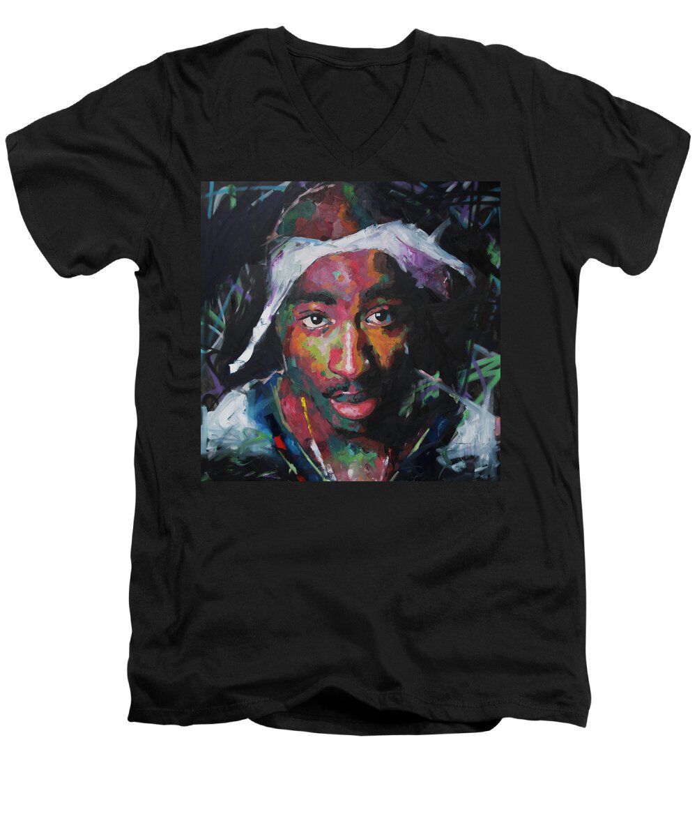 Tupac Men's V-Neck T-Shirt featuring the painting Tupac Shakur by Richard Day