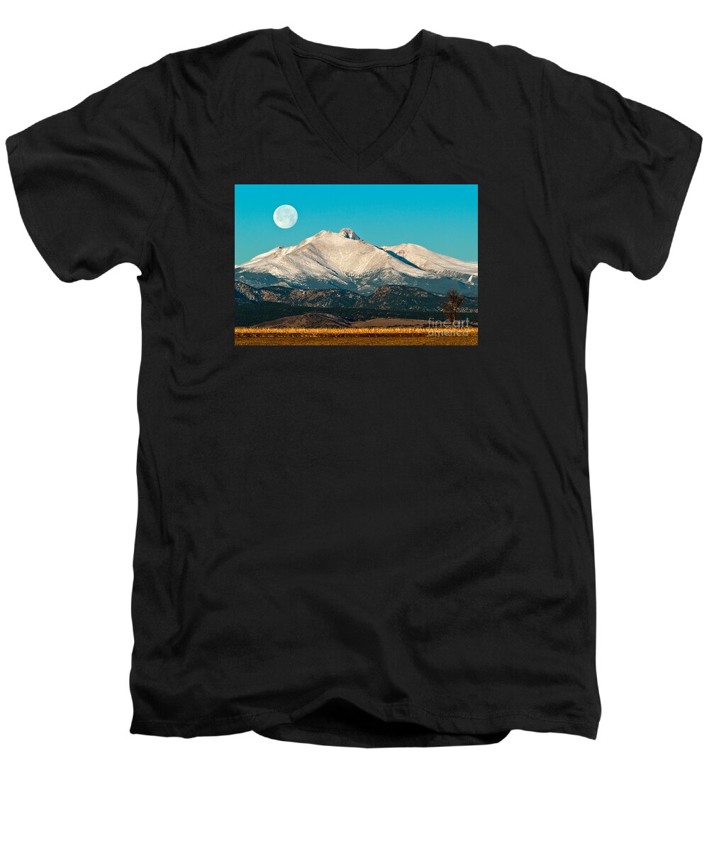 Sunset Men's V-Neck T-Shirt featuring the photograph Twin Peaks Moonset by Greg Summers