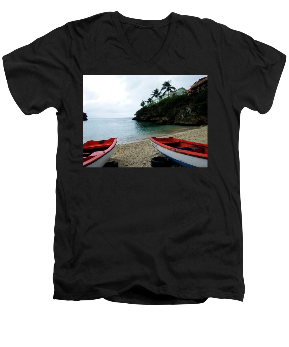 Boats Men's V-Neck T-Shirt featuring the photograph Two boats, Island of Curacao by Kurt Van Wagner