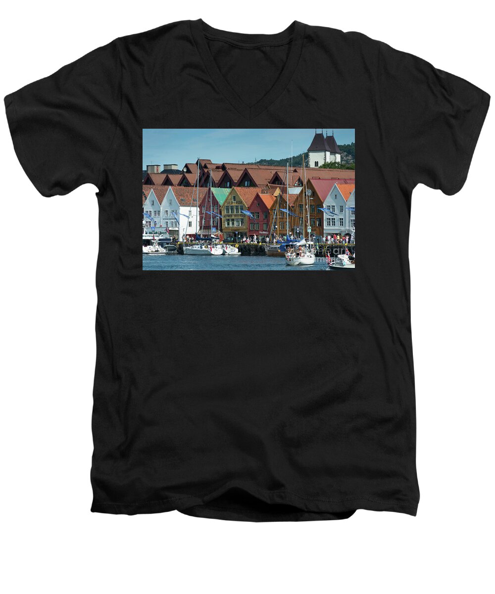 Bergen Men's V-Neck T-Shirt featuring the photograph Tyske Bryggen by Andrew Michael
