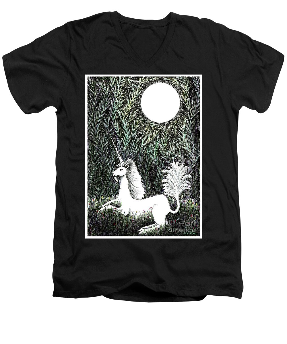 Lise Winne Men's V-Neck T-Shirt featuring the drawing Unicorn in Moonlight by Lise Winne