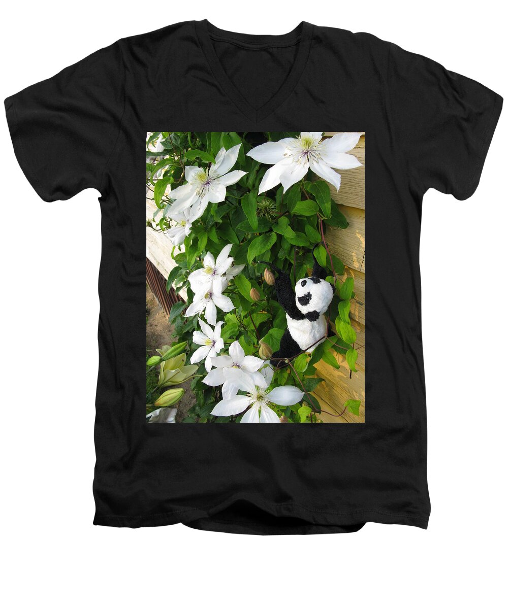 Baby Panda Men's V-Neck T-Shirt featuring the photograph Up and up and up by Ausra Huntington nee Paulauskaite