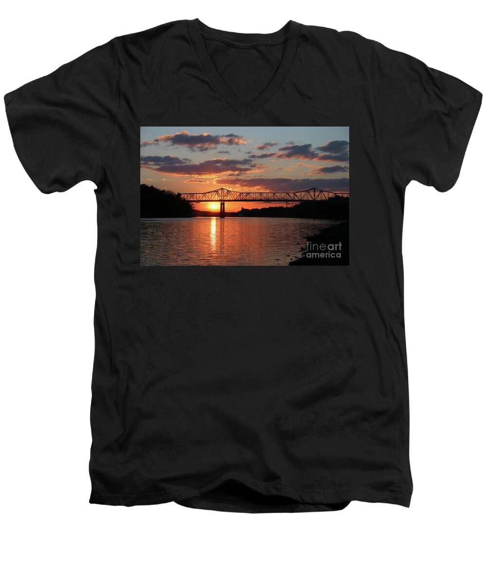 Sunset Men's V-Neck T-Shirt featuring the photograph Utica Bridge at Sunset by Paula Guttilla