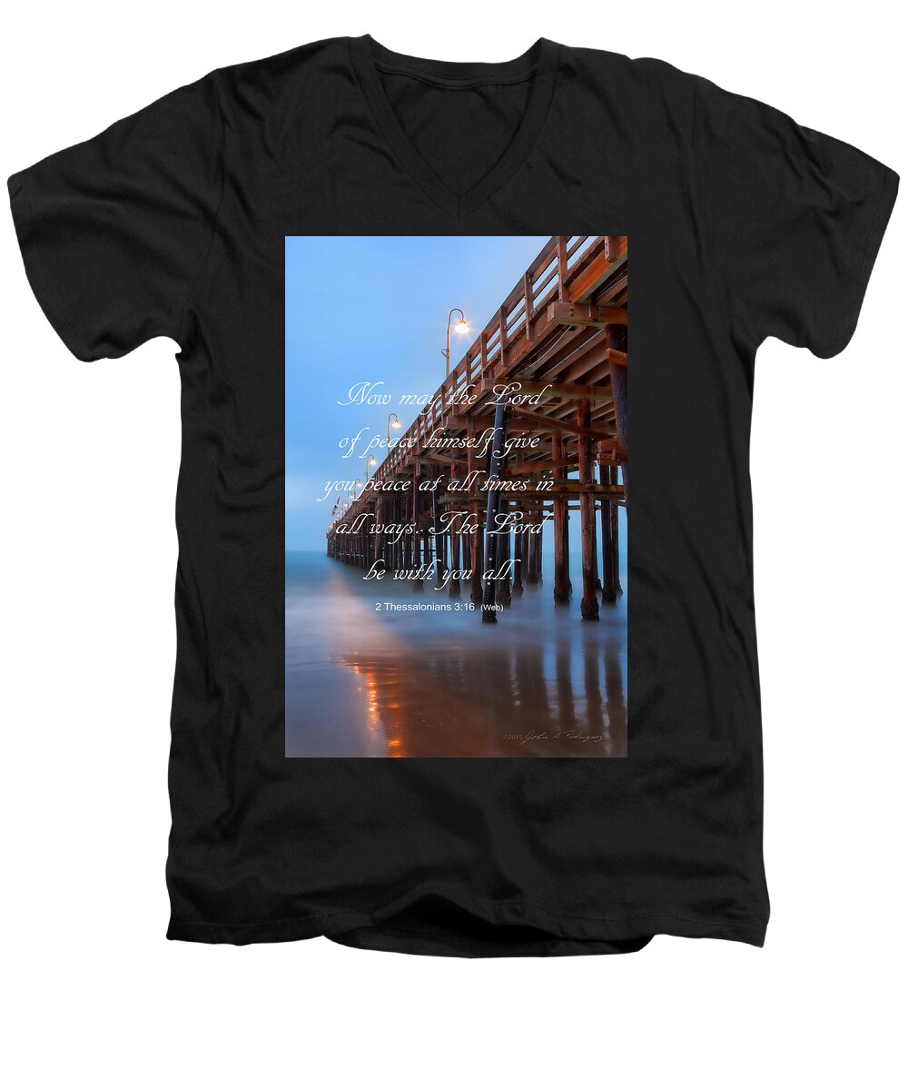 Pier Men's V-Neck T-Shirt featuring the photograph Ventura CA Pier with Bible Verse by John A Rodriguez