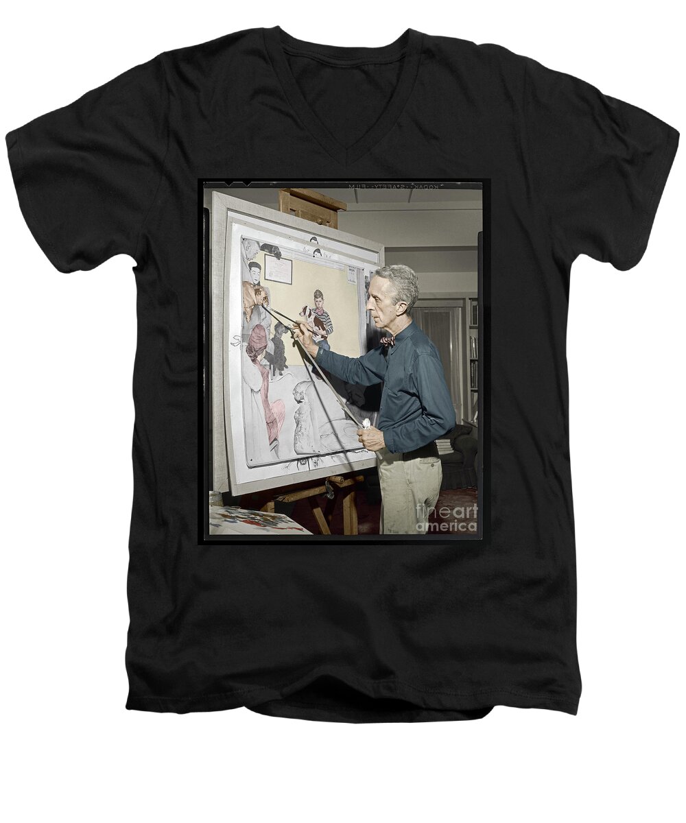 Norman Rockwell Men's V-Neck T-Shirt featuring the photograph Waiting For The Vet Norman Rockwell by Martin Konopacki Restoration
