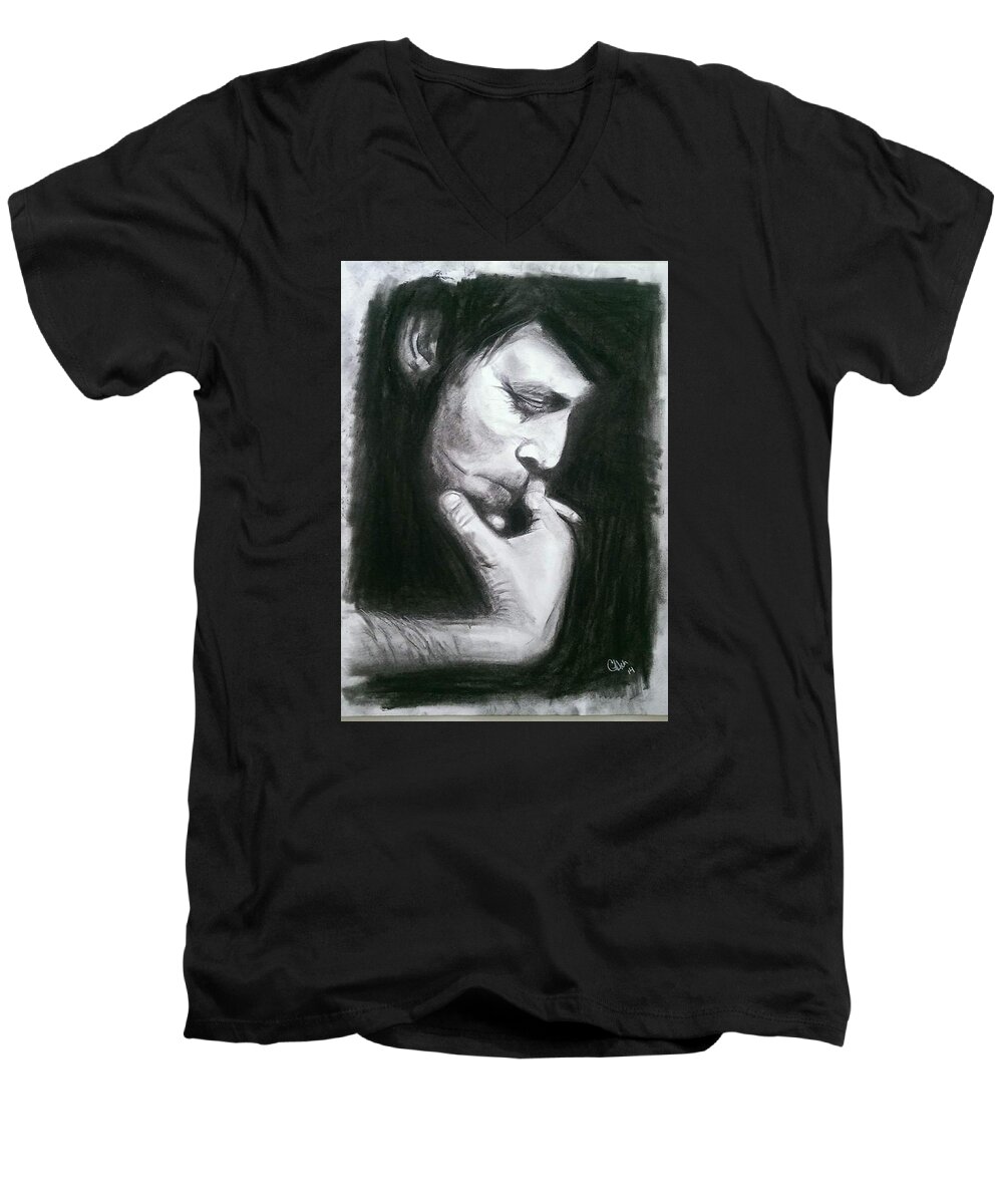 Tom Waits Men's V-Neck T-Shirt featuring the drawing Hold On by Carole Hutchison