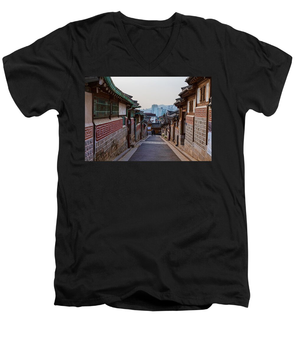 Korea Men's V-Neck T-Shirt featuring the photograph Walking Bukchon Hanok Village by James BO Insogna