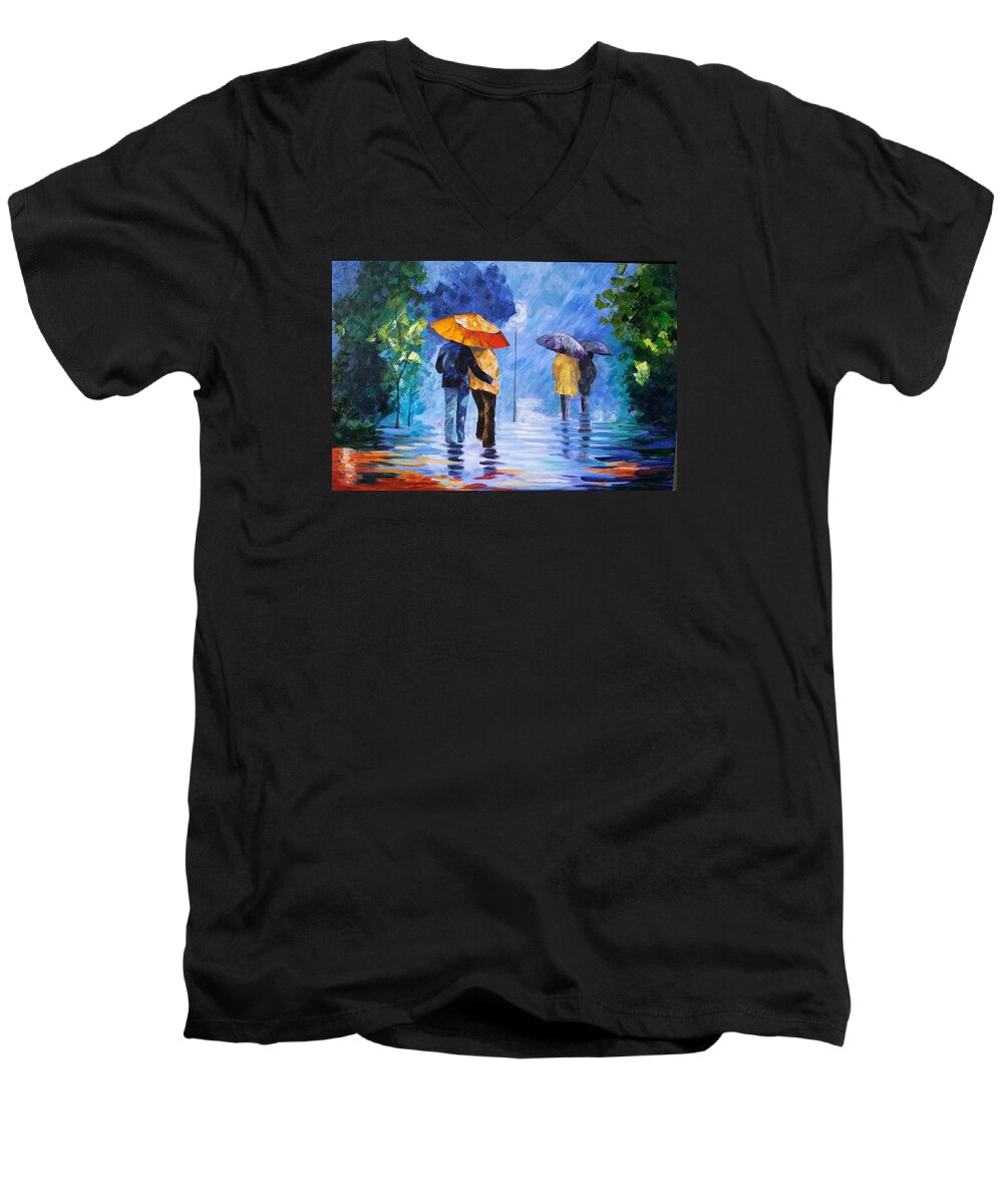 Landscape Men's V-Neck T-Shirt featuring the painting Walking in the Rain by Rosie Sherman