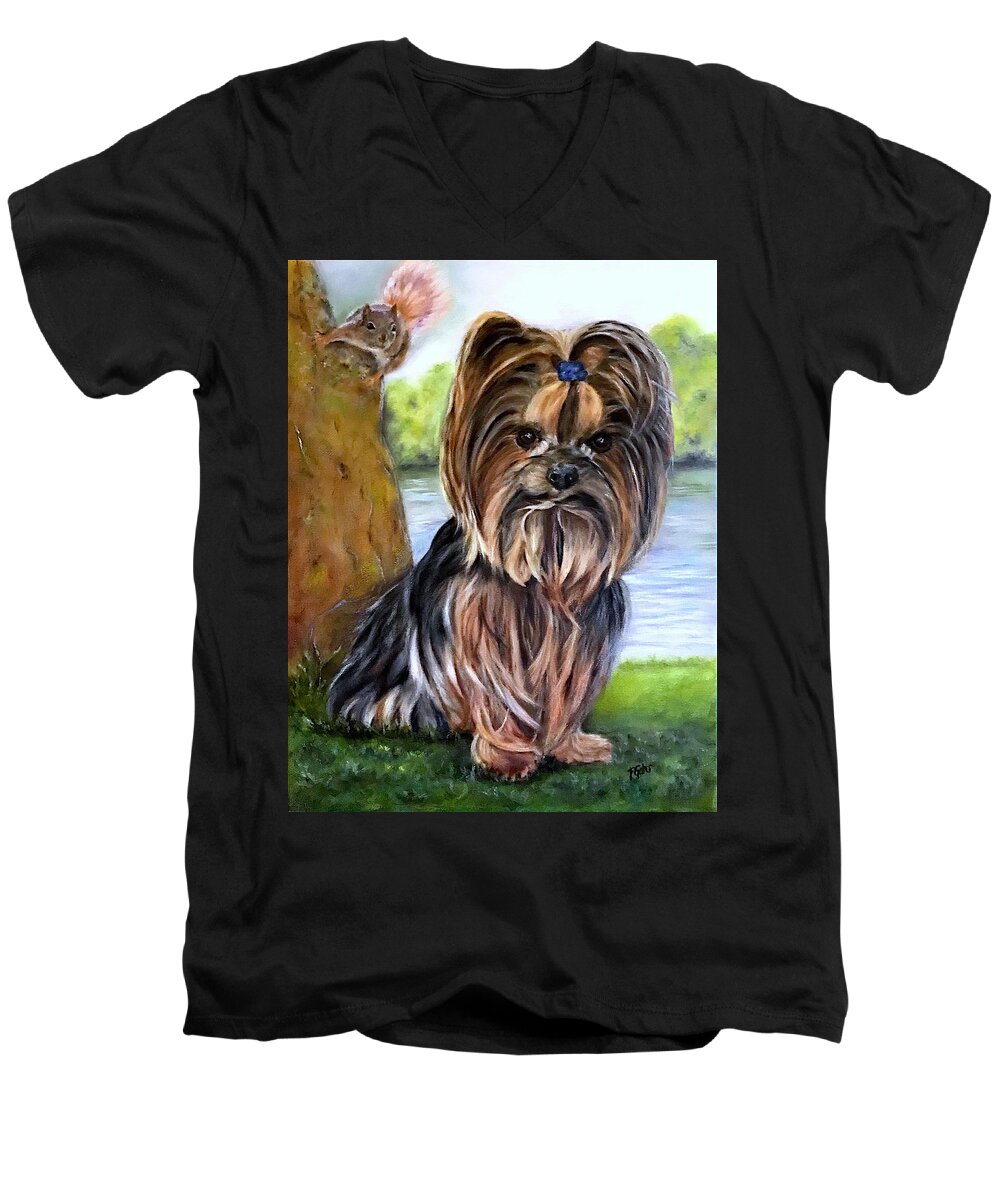 Yorkie Terrer Men's V-Neck T-Shirt featuring the painting Wanna Play? by Dr Pat Gehr