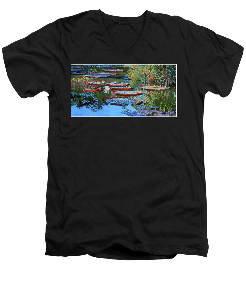 Garden Pond Men's V-Neck T-Shirt featuring the painting Water Lilies for Amelia by John Lautermilch