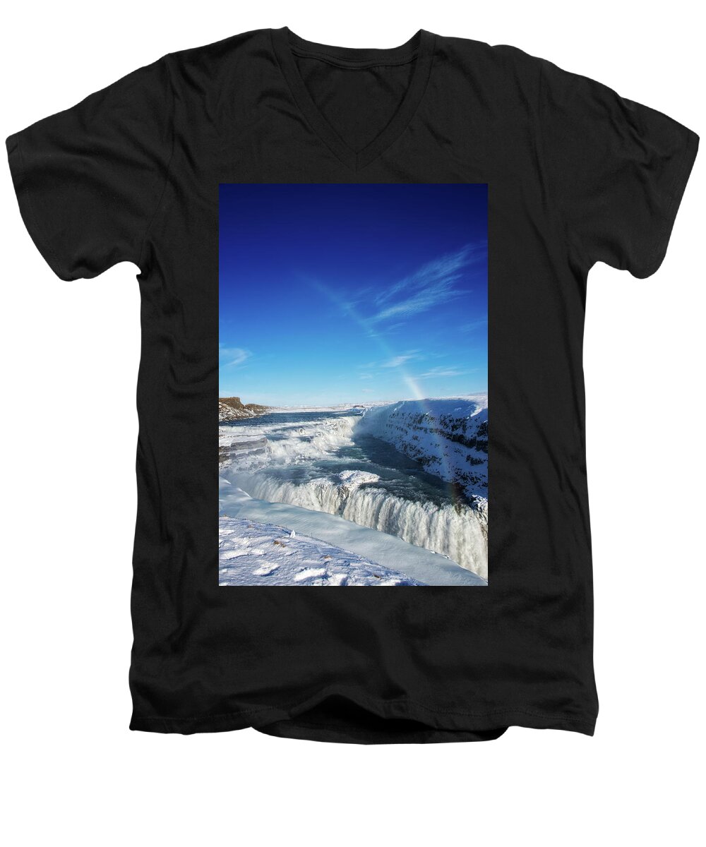 Gullfoss Men's V-Neck T-Shirt featuring the photograph Waterfall Gullfoss in winter Iceland Europe by Matthias Hauser