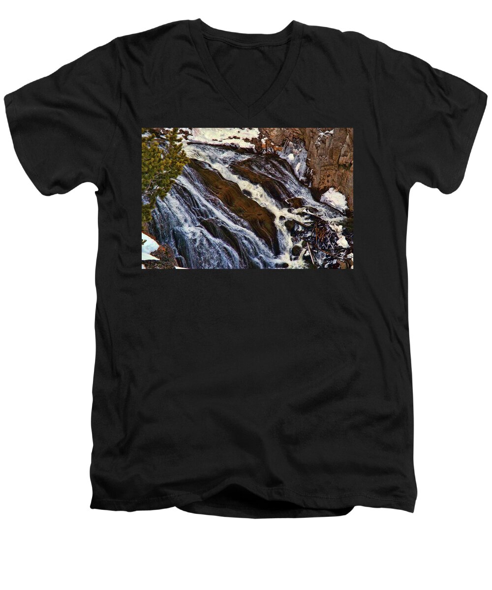 Falls Photographs Canvas Prints Men's V-Neck T-Shirt featuring the photograph Waterfall in Yellowstone by C Sitton