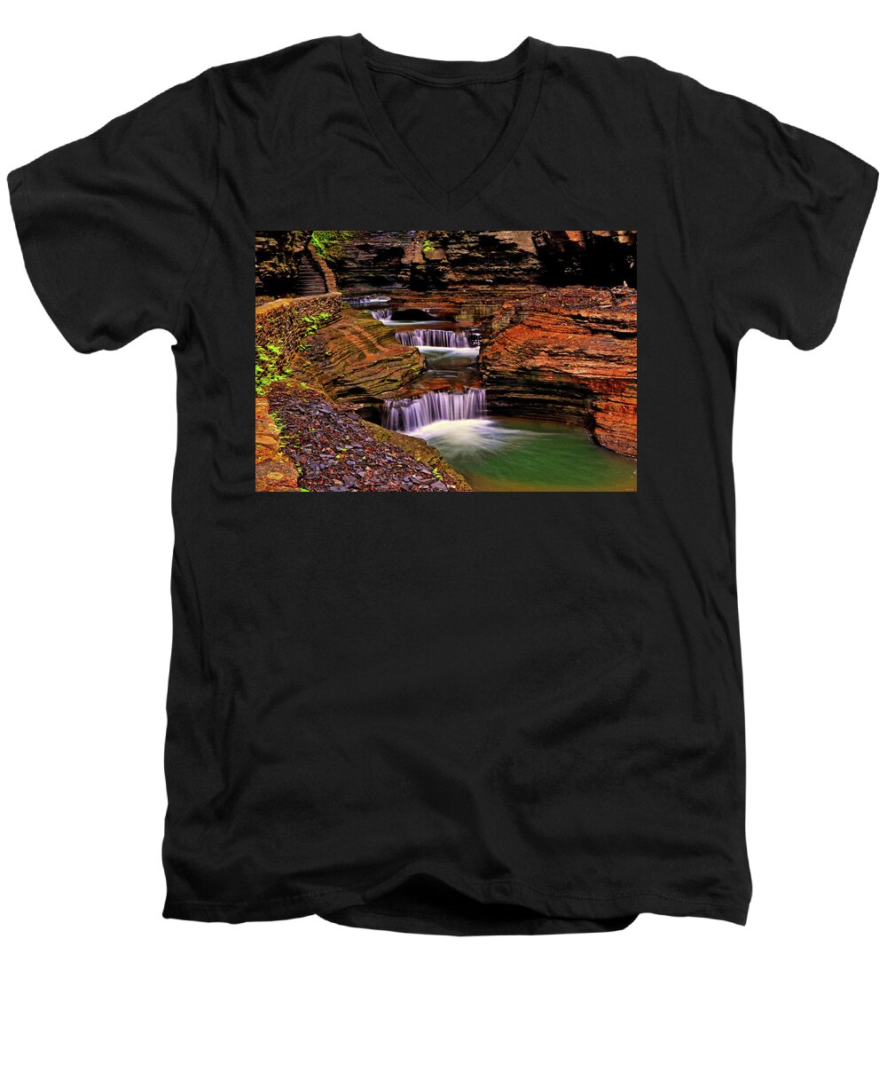 Cascade Waterfall Men's V-Neck T-Shirt featuring the photograph Watkins Glen State Park 014 by George Bostian