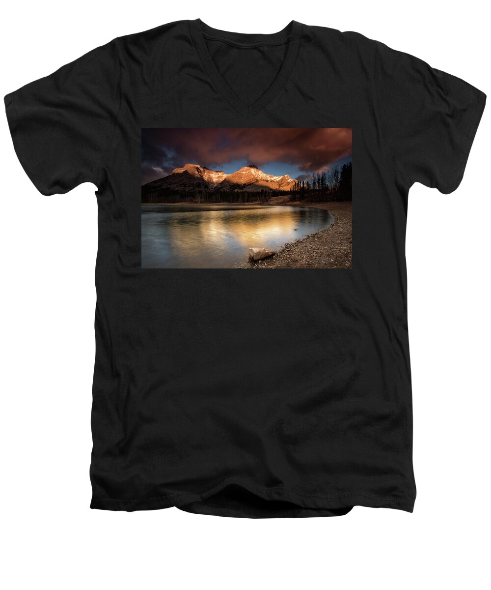 Andscape Men's V-Neck T-Shirt featuring the photograph Wedge Pond Sunpeaks by Celine Pollard