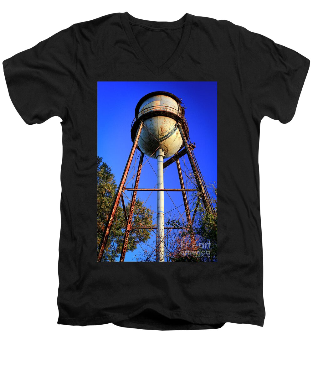 Reid Callaway Water Tower Art Men's V-Neck T-Shirt featuring the photograph Weighty Water Cotton Mill Water Tower Art by Reid Callaway