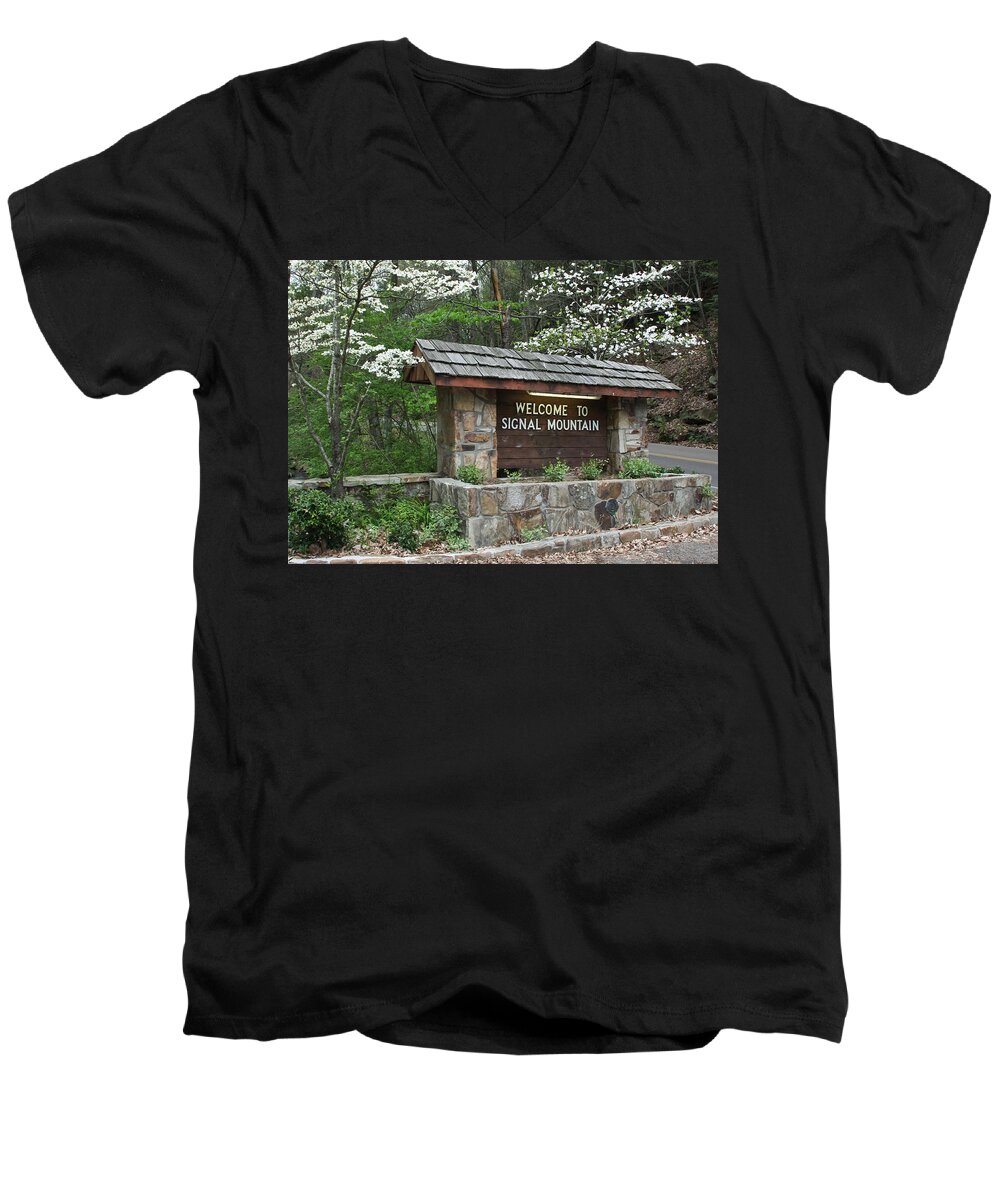 Welcome Men's V-Neck T-Shirt featuring the photograph Welcome to Signal Mountain Spring by Tom and Pat Cory