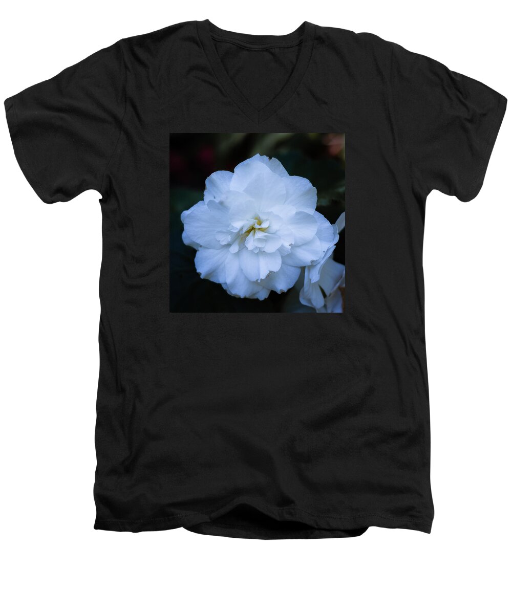 Bellingham Men's V-Neck T-Shirt featuring the photograph White as Snow Begonia by Judy Wright Lott