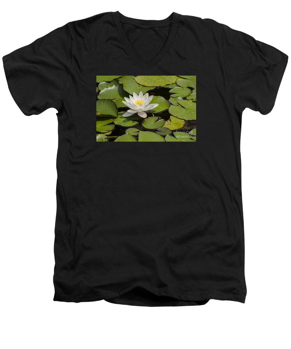 Lilypads Men's V-Neck T-Shirt featuring the photograph White Lotus Flower by JT Lewis