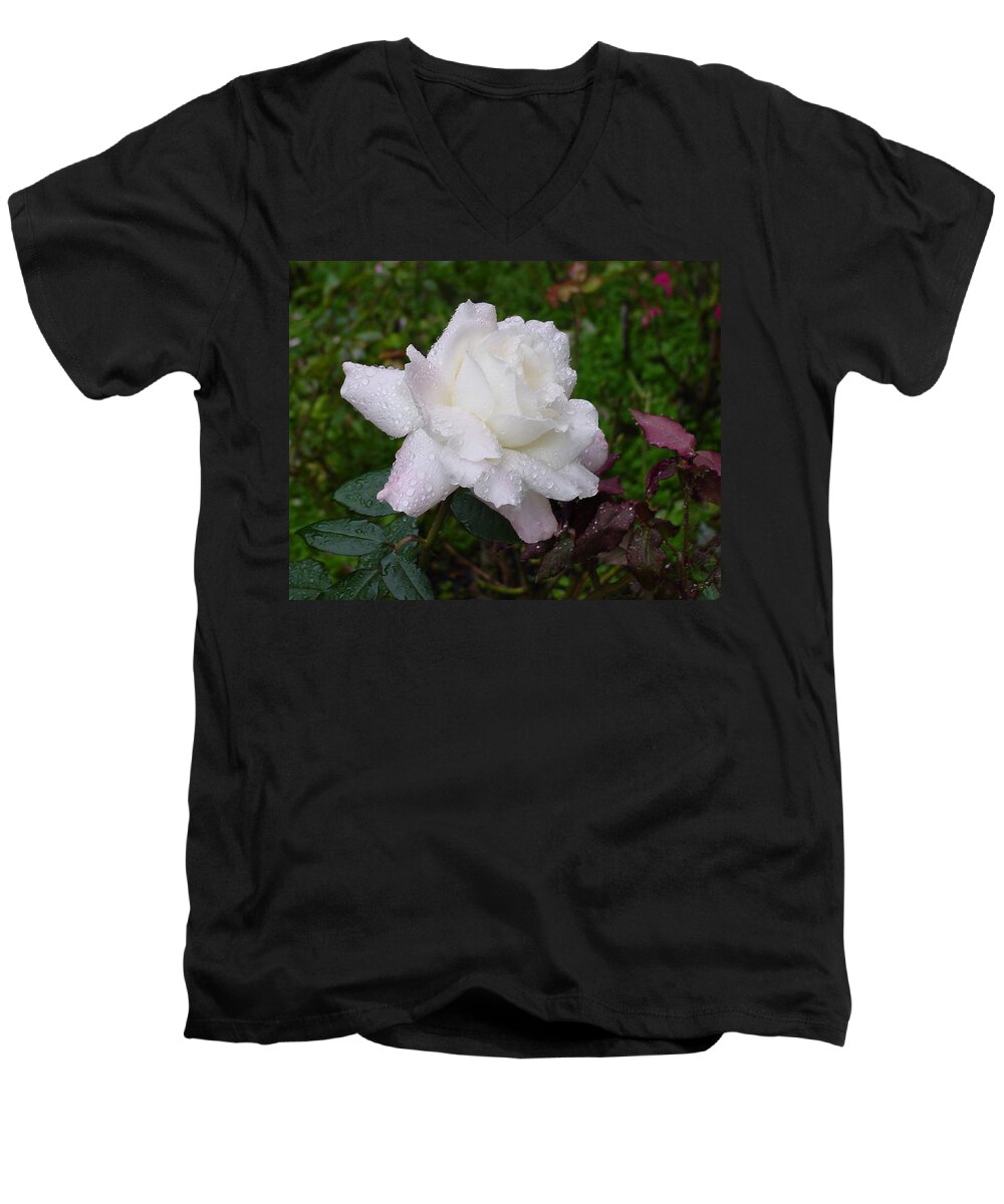  Pink Men's V-Neck T-Shirt featuring the photograph White Rose in Rain by Shirley Heyn
