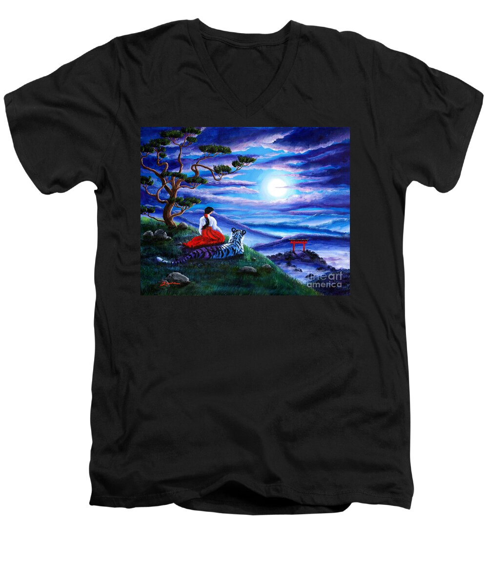 Japanese Men's V-Neck T-Shirt featuring the painting White Tiger Meditation by Laura Iverson